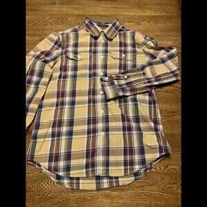 Eddie Bauer Shirt Mens Large Yellow Blue Plaid Long Sleeve Flannel Button Up​​​